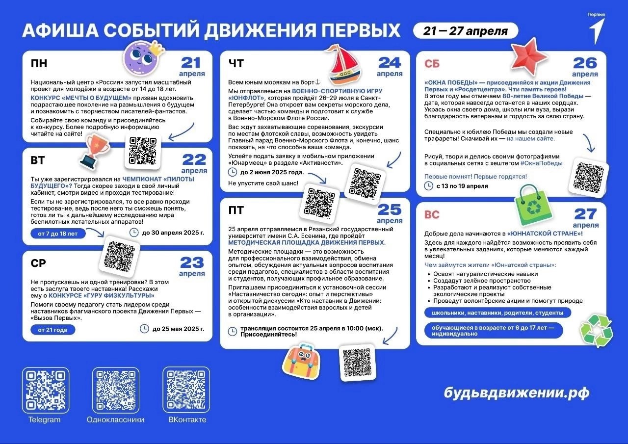 Афиша событий Движение Первых с 21 апреля по 27 апреля 2025 года.